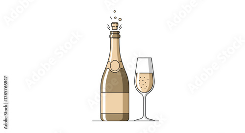 A popping champagne bottle and elegant glass, perfect for parties, events, and joyous occasions