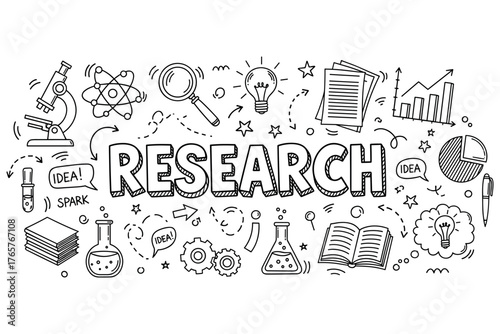 Scientific research concept with doodles: microscope, graphs, lightbulb, and books