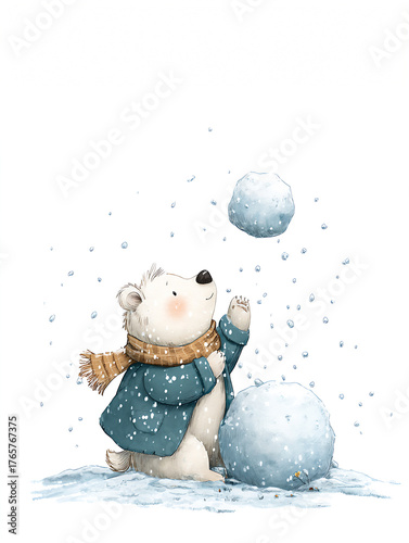 Playful polar bear enjoys snowball fun on a winter day in a snowy landscape, Christmas background