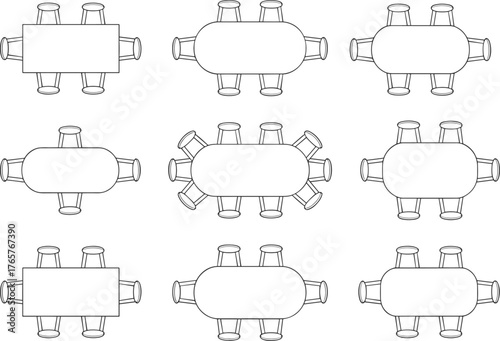 Top view table chair layout, dining furniture arrangement, seating plan reference, restaurant setup, interior design grid, hospitality decor, modern table setting, vector illustration