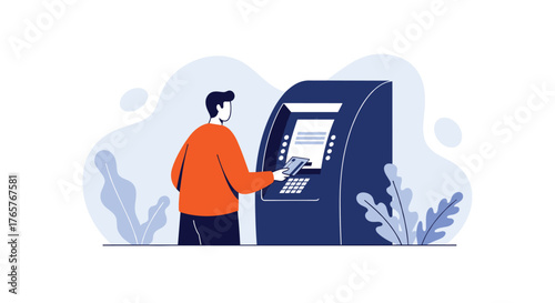 Man using ATM machine to withdraw cash or check balance, financial concept with modern design elements and business illustrations