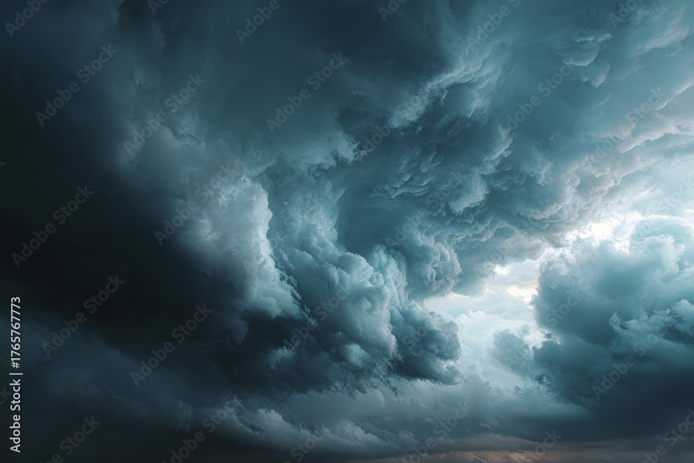Obraz premium Dramatic overcast sky with gray and white clouds before rainy season storm, moody and gloomy weather background. Climate, meteorology, and atmospheric. Weather forecasting, climate change background.