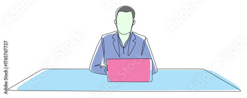 Continuous line art of a young male boss waiting for a client in front of his laptop. Vector illustration with attractive colors.