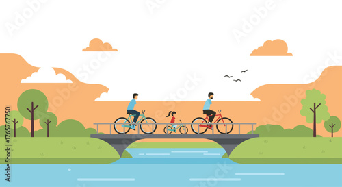 Happy family cycling together over bridge in park during scenic sunset, creating lasting memories