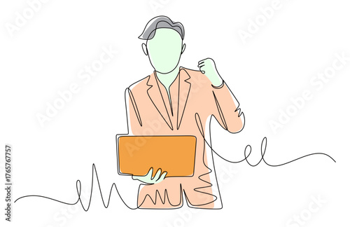 Continuous line art of a young male boss who is happy about his achievement while holding a laptop. Vector illustration with attractive colors.