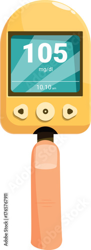 Finger touching glucose meter showing normal blood sugar level