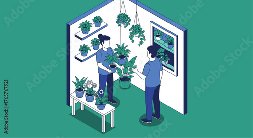 Two people selecting vibrant potted plants in a modern indoor greenhouse setting, perfect for home decor or lifestyle projects