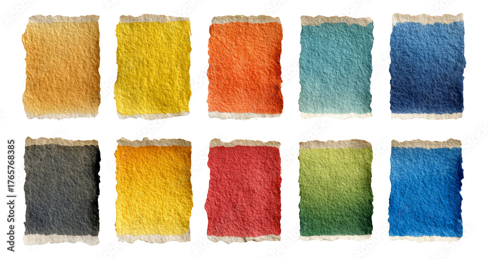 Fototapeta premium Textured Paper Squares in Various Colors with Torn Edges Isolated on White Background