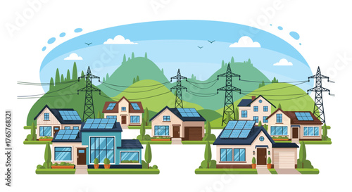 Eco-friendly homes with solar panels generating clean energy, sustainable living in a modern community, renewable power source