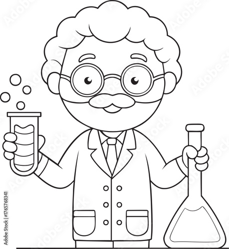 Curly haired scientist character holding test tube and flask ready for scientific discovery