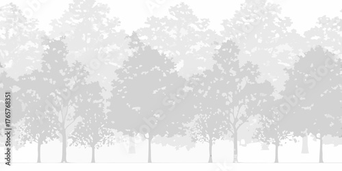 Monochromatic gradient of deciduous trees in a forest silhouette against a white background