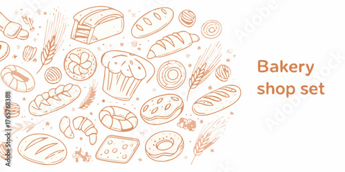 Hand drawn bakery shop set featuring assorted baked goods and wheat stalks in sketchy style