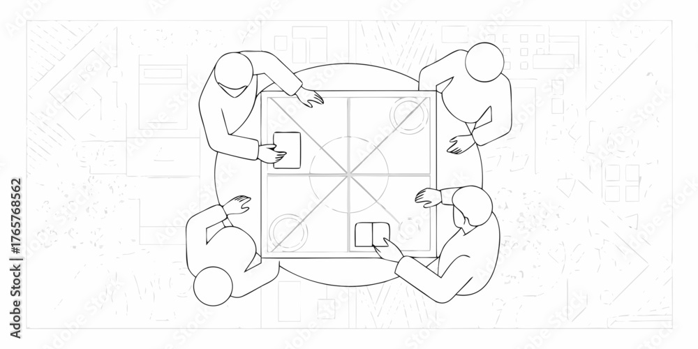Obraz premium Four people gathered around a table playing a board game with cards and tokens from a top down perspective