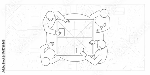 Four people gathered around a table playing a board game with cards and tokens from a top down perspective