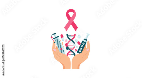 Hands holding medical supplies, DNA strand, and pink ribbon, symbolizing healthcare, medicine, and support for cancer awareness