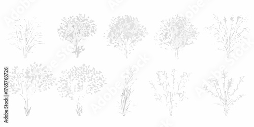 Collection of ten stylized white and gray abstract plant and bush illustrations on a white background