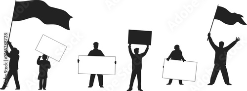 Silhouettes of protesters holding blank signs and waving flags, black vector illustration for demonstration, activism, civil rights, and social movement concept