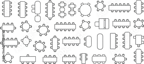 Top view, table layout, chair arrangement, oval table, circular table, rectangular table, seating plan, interior design, event setup, furniture design, workspace planning, space management