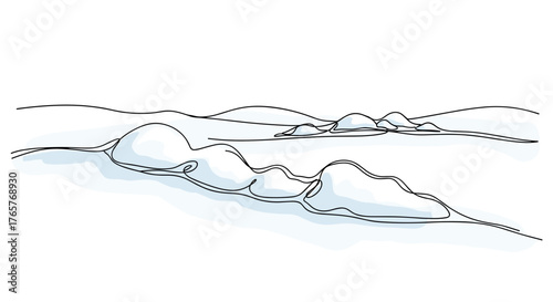 Snow Cover and Snowdrifts — one line doodle drawing with watercolor fill, minimalistic vector illustration on white background