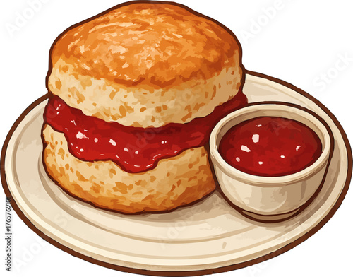 A fresh baked scone pastry split in half with strawberry jam filling served on a plate with an extra side of dipping sauce