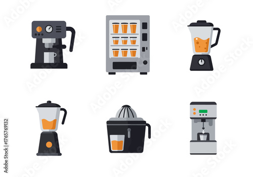 Icon Collection of Restaurant Equipment for Juice Beverages: Espresso Machine, Blender, Citrus Juicer, and Juice Vending Machine