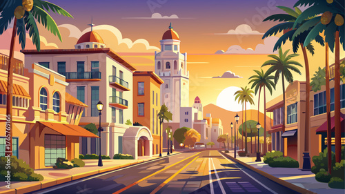 Very beautiful morning sunlight illuminating the historic downtown district of Santa Ana, California, USA, showcasing elegant architecture, palm-lined streets, and a warm, inviting urban charm.