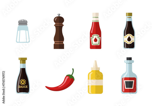 Eight Basic Kitchen Spice Icons: Salt Shaker, Wooden Pepper Grinder, Hot Sauce, Soy Sauce, Large Red Chili, and Mustard Sauce Bottle 