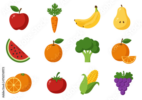 Icon Set of Fresh Fruits and Vegetables Rich in Nutrients for a Healthy Lifestyle