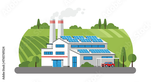 Eco-friendly factory with solar panels and electric car, promoting sustainable energy and green solutions for a better future