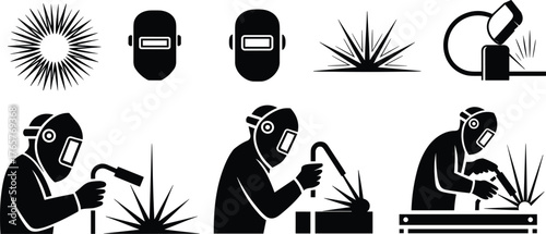 Welding icon set, black and white line drawings, safety gear symbols, industrial worker illustration, welding torch activity, vector design, occupational safety reference