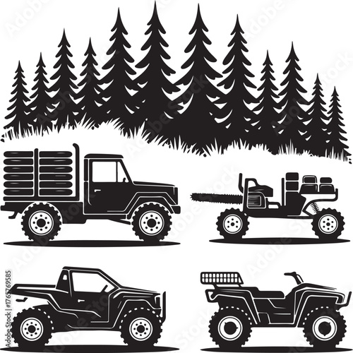 Black silhouette of four off road vehicles and pine trees truck quad bike