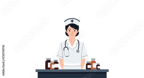 Dedicated nurse ready to assist with prescriptions and care, offering comfort and expertise in a clean medical setting for your healthcare needs