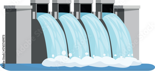 Water flowing through hydroelectric dam, generating clean energy