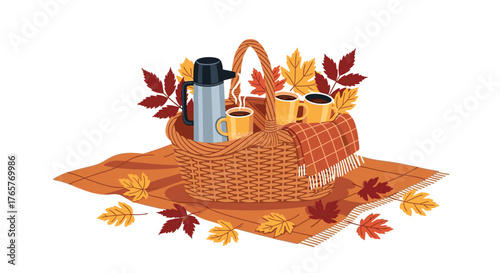 A stunning autumn picnic with a basket filled with hot coffee and vibrant fall leaves for warm, cozy moments outdoors this season