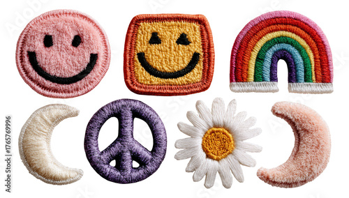 Colorful Embroidered Patches Featuring Smiley Faces, Rainbows, Flowers, and Symbols