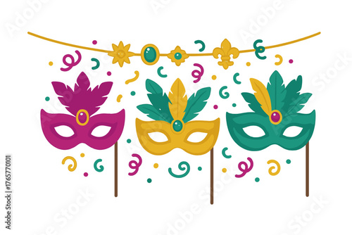 Colorful carnival masks with feathers and gems hanging on a decorative garland banner