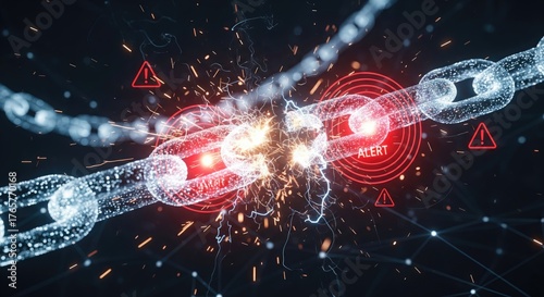 Digital chain breaking with glowing nodes and warning signals in a futuristic setting.