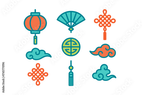 Traditional Chinese New Year cultural symbols set with lantern, fan, mystic knots, and auspicious clouds