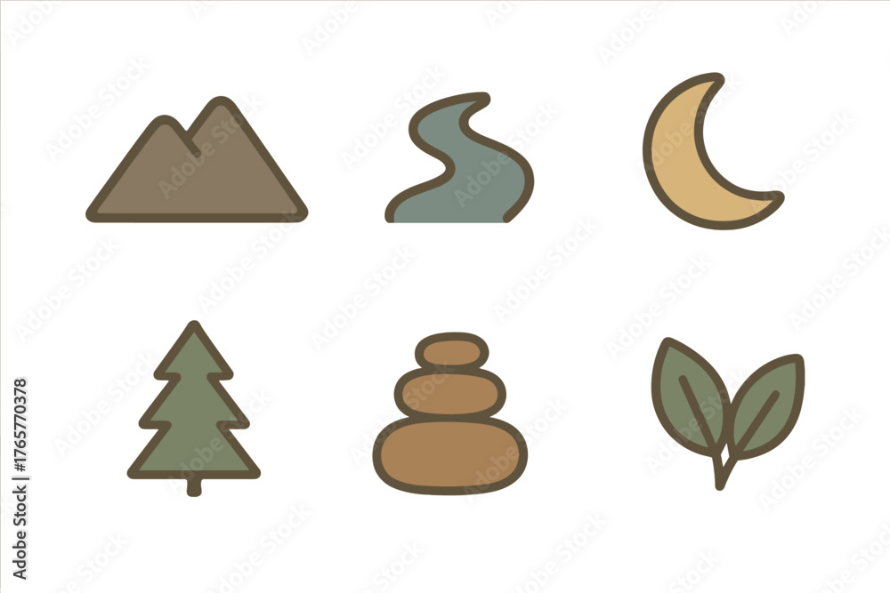 Obraz premium Minimalist nature and outdoor adventure elements including mountains river moon tree stones and leaves