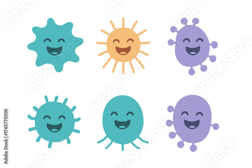 Six colorful smiling abstract microbe and virus characters for medical concepts