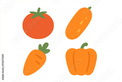 Four stylized fresh vegetables: tomato, carrot, squash, and bell pepper set on white