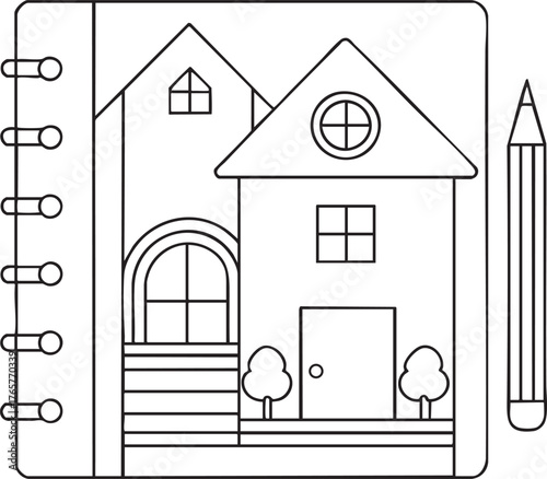 Lovely house sketch illustration for kids drawing and educational coloring activities