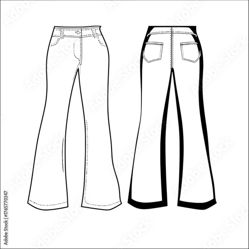 A CAD mockup set for unisex Cuff Denim Pants, including Patchwork Jeans Pants, offers a technical fashion illustration with high waist, wide leg, and front and back views, in white and blue, for