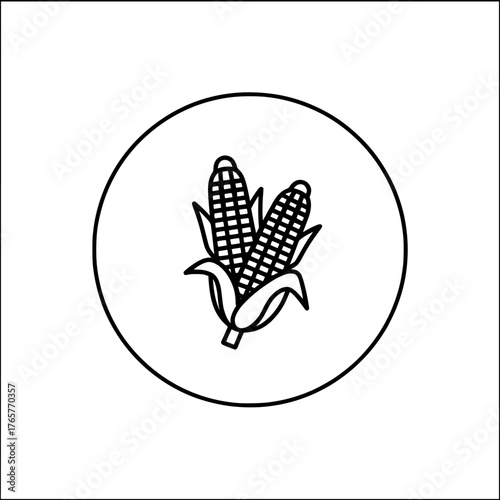 A solitary black circular corn symbol, a straightforward pictogram indicating an allergy-free ingredient, is presented in a minimalist flat design style suitable for a modern app logo, web button, or