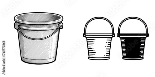 The modern icon is represented by a bucket, with variations including a water bucket and a household cleaning container made of plastic, alongside a set of buckets in a flat modern illustration that