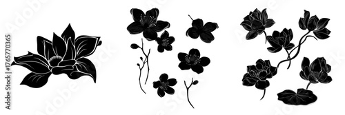 Collection of flat chinese floral decorations, featuring an abstract flower with an oriental aesthetic