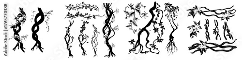 A modern cartoon illustration featuring a set of twisted jungle plant vines with foliage, including green leaves and flowers, isolated on a white background