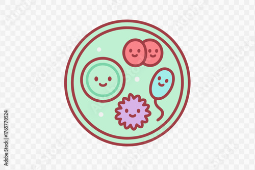 Cartoon microscopic organisms and cells floating in a petri dish in a science laboratory