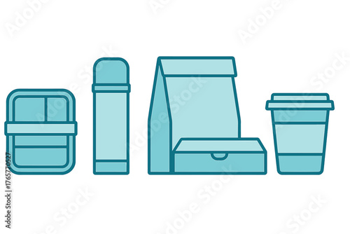Collection of food and drink containers including lunch box, thermos, paper bag, takeout box, and coffee cup