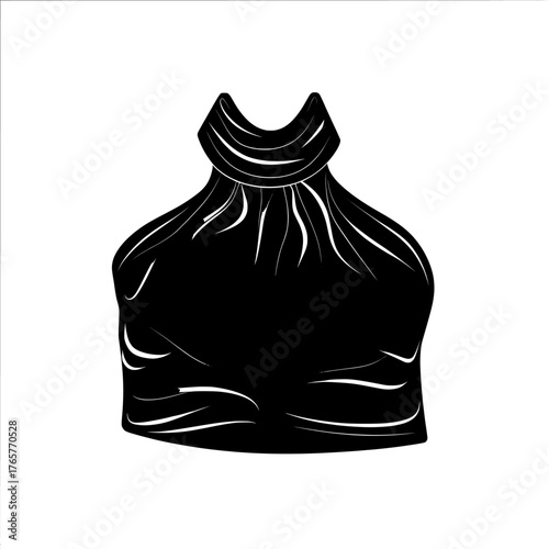 A modern design template for a halter neck fashion top with cad mock up flat sketch and technical drawing of waist gathering detail